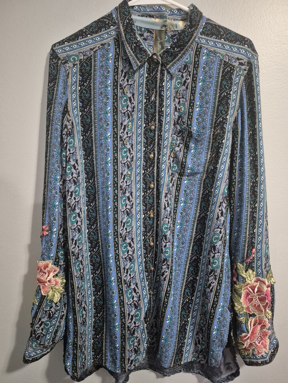 Aratta Silent Journey Floral-Striped Shirt velvet Burnout Sheer Back Medium NWOT